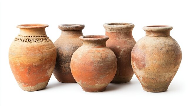 Old clay pots from the past, like vases, separated on a white background.
