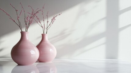 Pretty pink vases made of clay sitting on a white marble table.
