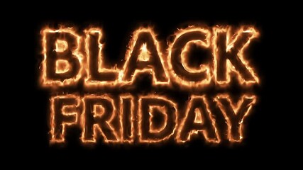 Burning Black Friday text glowing with fiery flames on dark background, hot sale promo animation concept 