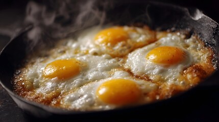 Four sunny side up eggs frying in a rustic cast iron skillet with steam rising