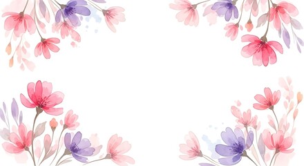 Fototapeta premium Watercolor floral frame with pink and purple flowers and leaves isolated on white background, delicate and romantic design