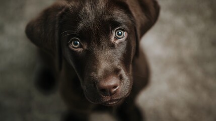 Fototapeta premium Close up portrait of an adorable chocolate labrador puppy looking up with soulful eyes