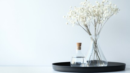 Text area. A vase with dried white flowers sits on a tray, ready for Valentine's Day. It's on a white background.
