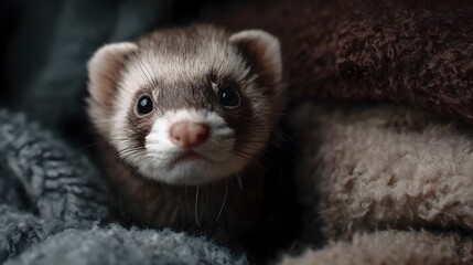 Fototapeta premium A curious ferret peeking from a pile of soft textured blankets