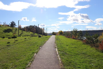 Beautiful autumn park filled with golden-yellow trees, cozy benches, and winding walking paths. Fallen leaves cover the ground, creating a peaceful and romantic atmosphere perfect for relaxation
