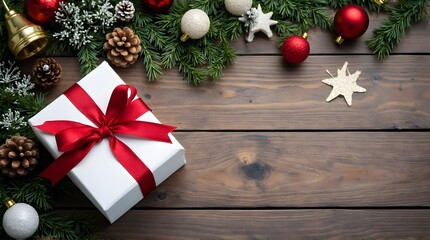 A rustic Christmas scene featuring a white gift box with red ribbon, pinecones, festive ornaments, and pine branches on a wooden surface blending earthy tones and soft textures for a warm holiday vibe