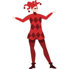 Red Harlequin Costume Character with Jester Hat and Diamond Pattern Outfit Posing with Arms Outstretched in Studio Lighting on White Background