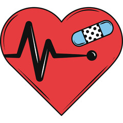 Red Heart Icon with EKG Line and Bandage Illustrating Health and Recovery Symbol