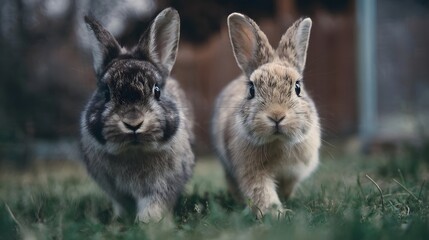 Fototapeta premium Two adorable rabbits with brown and grey fur gaze forward while walking on green grass outdoors