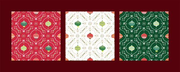 Set of Christmas ornament seamless pattern in hand drawing illustration style available in red, green, white version perfect for cards, wallpaper, background, towel, textile, fabric, paper, wrapping