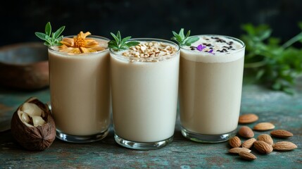 Vegan milk made from plants and nuts. Different types of dairy-free milk alternatives. Healthy and good for you.
