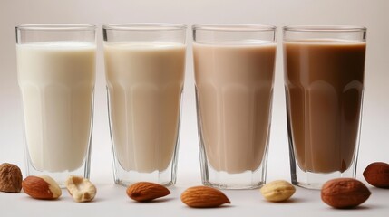 Vegan milk made from plants and nuts. Different types of dairy-free milk alternatives. Healthy and good for you.
