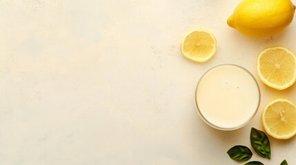 Vegan milk options and ingredients. A dairy-free drink for a healthy vegan or vegetarian diet. Top-down view with space for text. Wide banner image.
