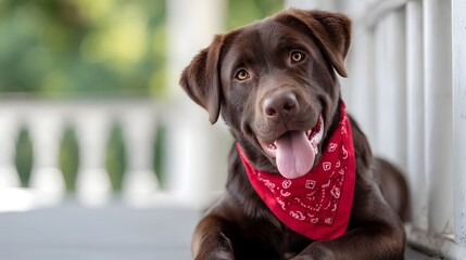 A happy chocolate labrador wearing a red bandana sits on a porch