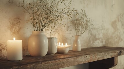 White flowers in plain vases and lit candles sit on a simple wood shelf. A worn white wall is behind it. Home decorations.
