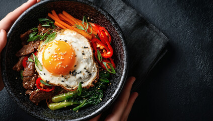Bibimbap on a concrete background, traditional korean dish, top view
