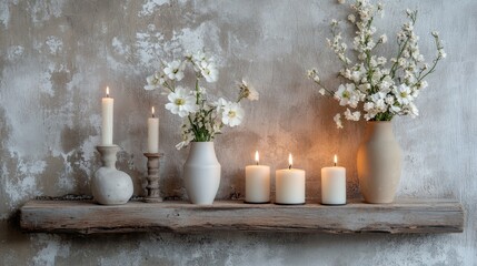 White flowers in simple vases and lit candles sit on a rustic wooden shelf. The wall behind it is a rough, gray plaster. A cozy home decoration.
