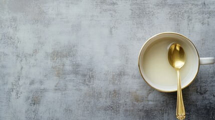 White teacup with a gold spoon. Grey background. Space for text. Seen from above.
