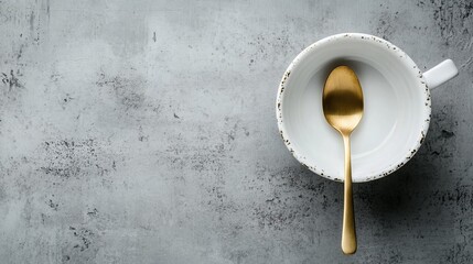 White teacup with a gold spoon. Grey background. Space for text. Seen from above.
