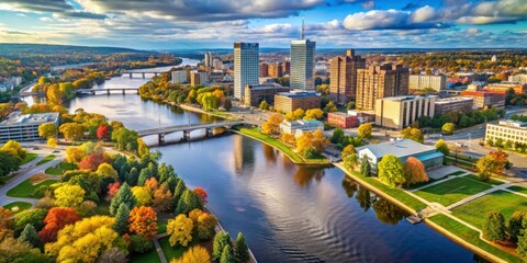 Obraz premium Vibrant Autumn Landscape Overlooking City Skyline and River View