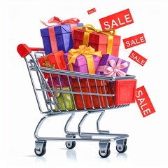 Colorful gifts in a shopping cart with sale signs during holiday season