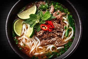 Pho Bo vietnamese soup with beef and rice noodles on a black background, top view
