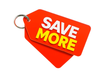 Bright red sale tags with the words save more written in white and yellow text isolated on transparent background