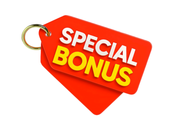 Bright red sale tag with the words special bonus in white and yellow text isolated on transparent background