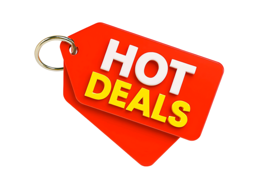 Bright red sale tag with the words hot deals in white and yellow letters isolated on transparent background