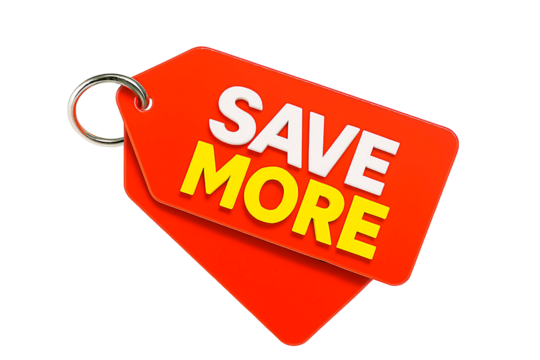 Bright red sale tags with the words save more written in white and yellow text isolated on transparent background
