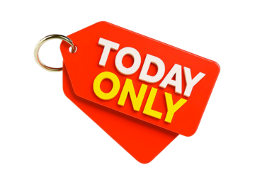 Bright red sale tag with the words today only in white and yellow letters isolated on transparent background
