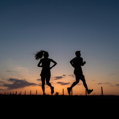 Silhouette Runners against the Evening Sky: Two figures engage in a sunset run, their silhouettes painted against the backdrop of a vibrant evening sky. Capturing movement, dedication, and fitness.