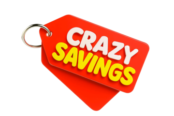 Bright red price tags with the words crazy savings in bold white and yellow text isolated on transparent background