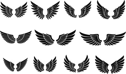 Black wing vector set, stylized feather illustrations, symmetrical flying symbols, tattoo and logo design elements, cad drawing flat vector illustration