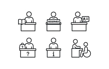 simple outline stroke icon isolated on white background librarian station reserved items membership application desk lost and found events info point accessible height reception desk