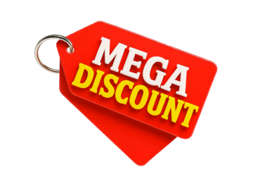 Bright red sale tag with the words mega discount in white and yellow letters isolated on transparent background