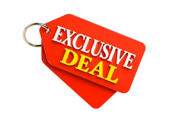 Red price tag with the words exclusive deal in white and yellow letters isolated on transparent background