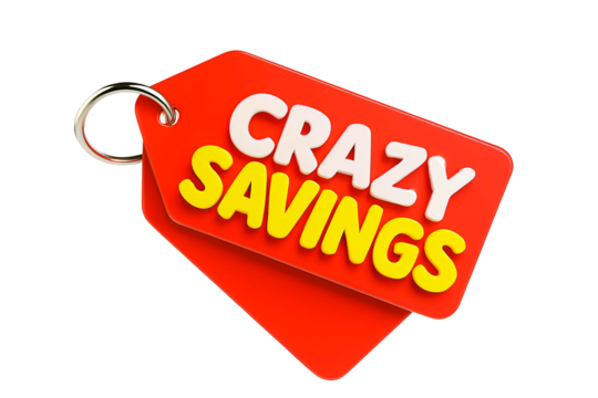 Bright red price tags with the words crazy savings in bold white and yellow text isolated on transparent background