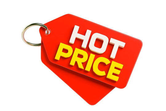 Bright red price tags with the words hot price in bold white and yellow text isolated on transparent background