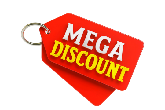 Bright red sale tags with mega discount text in white and yellow isolated on transparent background