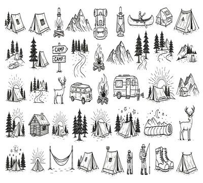 Collection of camping and outdoor adventure icons isolated on white background, including tents, mountains, backpacks, campfires, rvs, hammocks, and various naturerelated elements