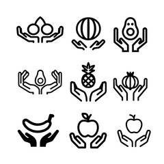 Fototapeta premium Fruit icon set on two open hands with cherry watermelon avocado pineapple apple and banana illustration
