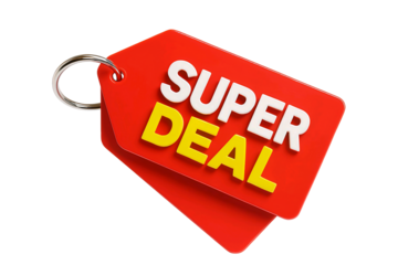 Bright red sale tag with the words super deal in bold white and yellow letters isolated on transparent background