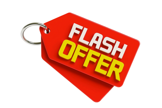 Red retail sale tag with the words flash offer in white and yellow isolated on transparent background