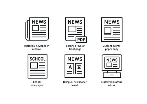 simple outline stroke icon isolated on white background historical newspaper archive scanned of front page current events paper copy school newspaper issue bilingual newspaper insert