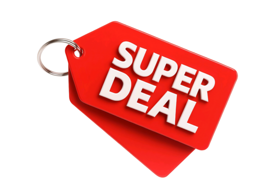 Bright red super deal tag with a silver ring attached symbolizing a fantastic offer or promotion isolated on transparent background