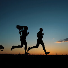 Silhouette Runners at Sunset: Two athletic figures run towards the horizon as the sun sets, painted against a beautiful gradient sky, evoking energy, freedom, and the pursuit of goals.