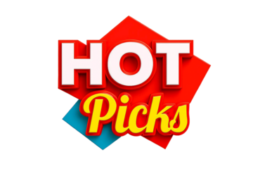 Bold and vibrant hot picks text graphic with a red and blue geometric background isolated on transparent background