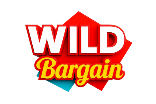 Bold white text spelling wild above a cursive yellow text spelling bargain with a red and blue geometric background isolated on transparent background - Powered by Adobe