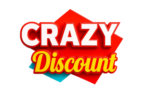 Bright red and yellow text reads crazy discount on a layered abstract background isolated on transparent background